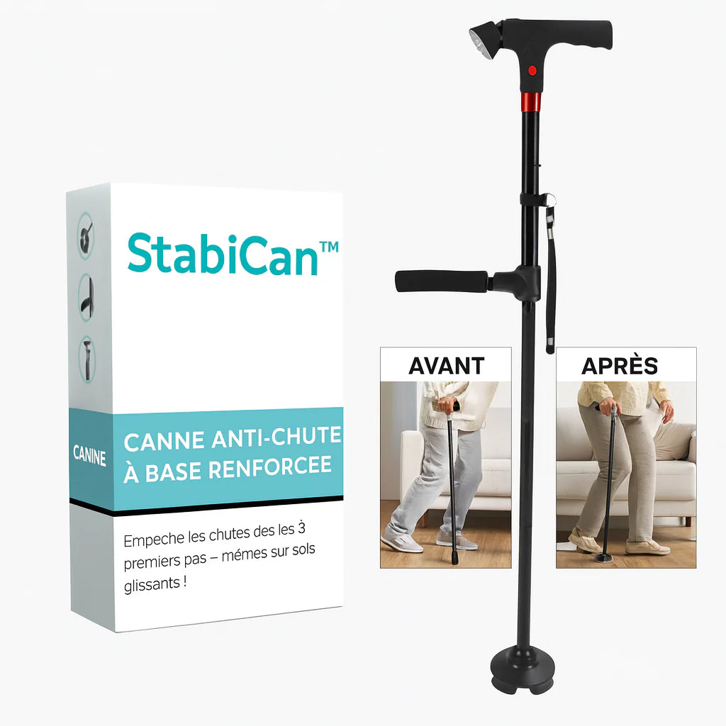 عصا StabiCan™ المضادة للسقوط مع قاعدة معززة | تمنع السقوط من الخطوات الثلاث الأولى - حتى على الأرضيات الزلقة!