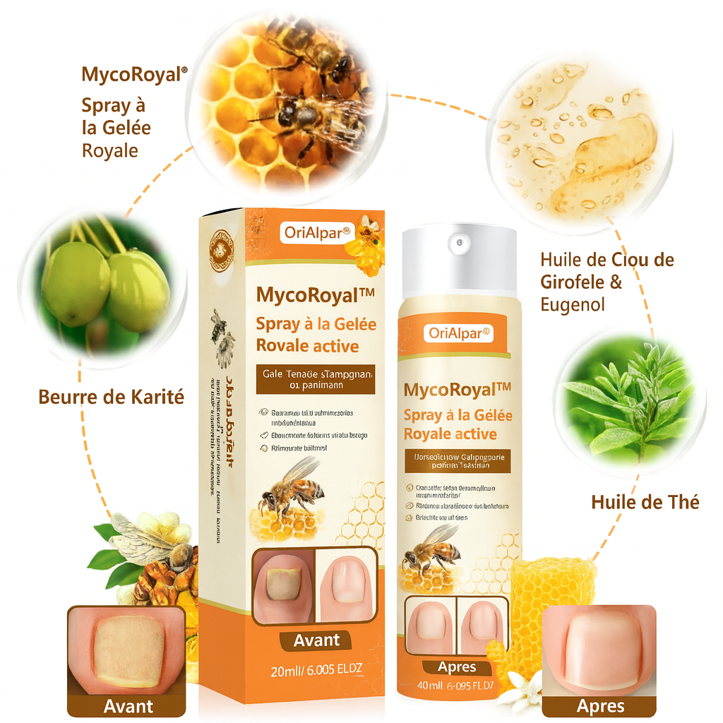 MycoRoyal™ Spray Réparateur au Venin d’Abeille | Répare les ongles abîmés et élimine les infections en 5 minutes!