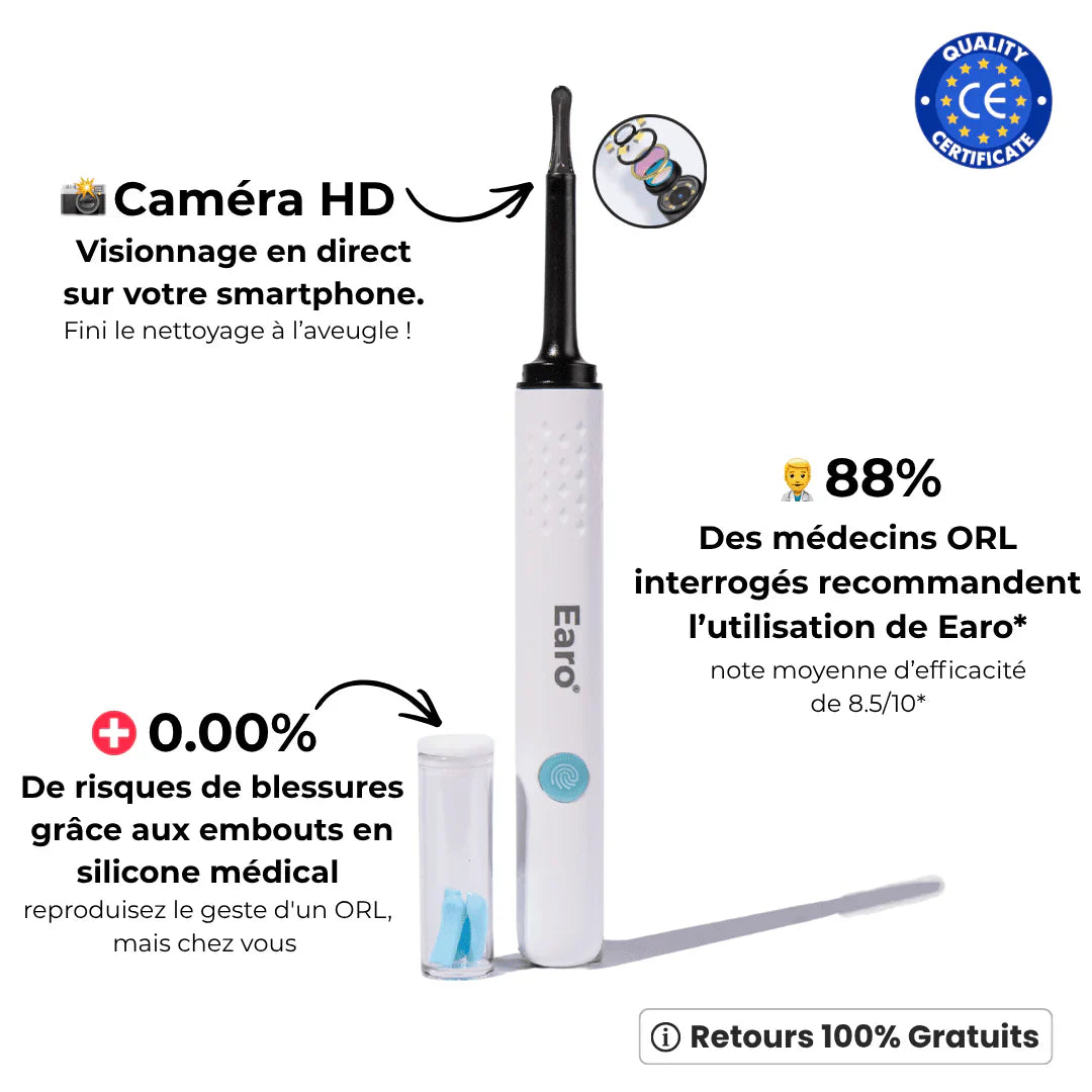 Earo™ Nettoyez votre cérumen en toute sécurité grâce à la technologie de caméra HD en seulement 3 minutes